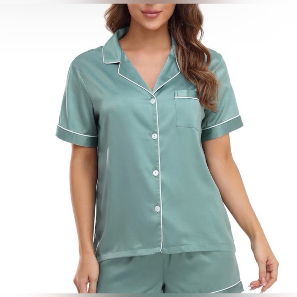 Serenedelicacy Women's Satin Button Down Short Sleeve Pajamas Top Size L